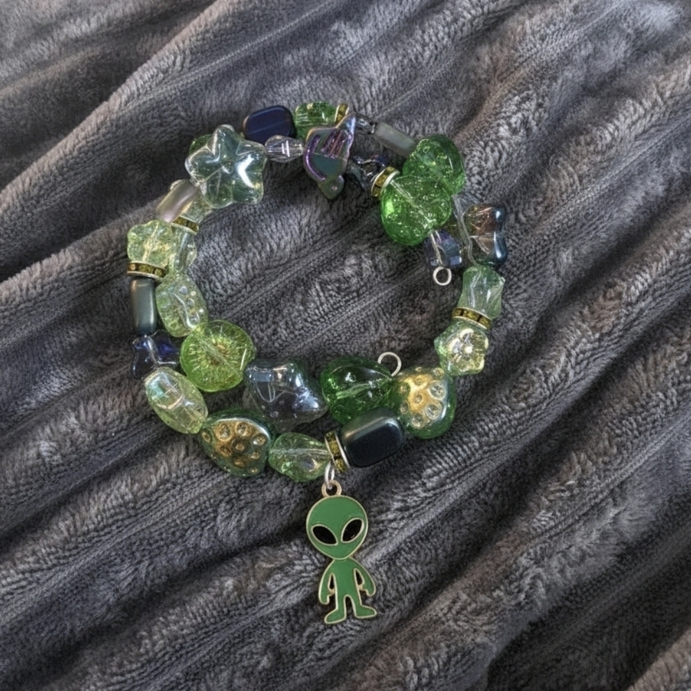 Green Beaded Bracelet with Alien Charm